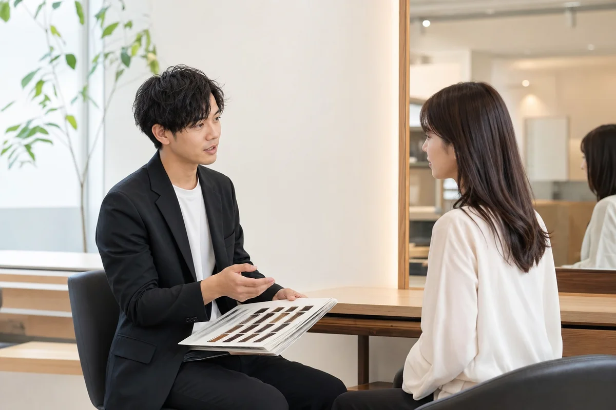 美容師とお客様がカウンセリングで髪について話している様子