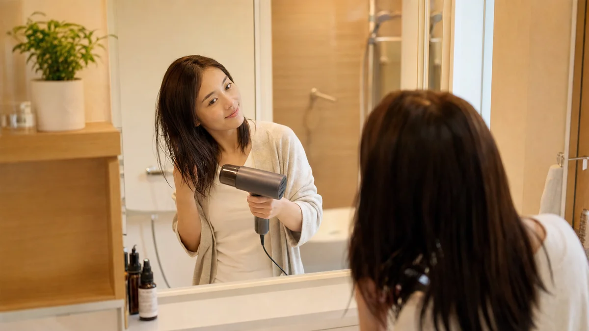 洗面所の鏡の前でドライヤーを使って髪を乾かしている女性