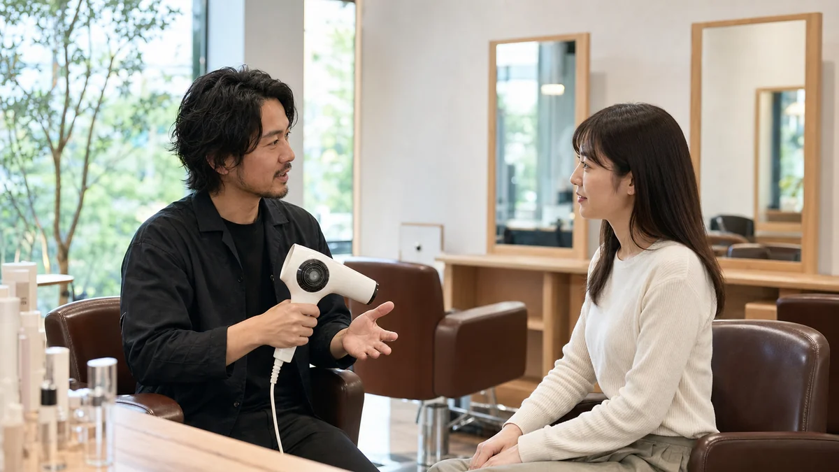 サロンで美容師が髪の乾かし方を説明している様子