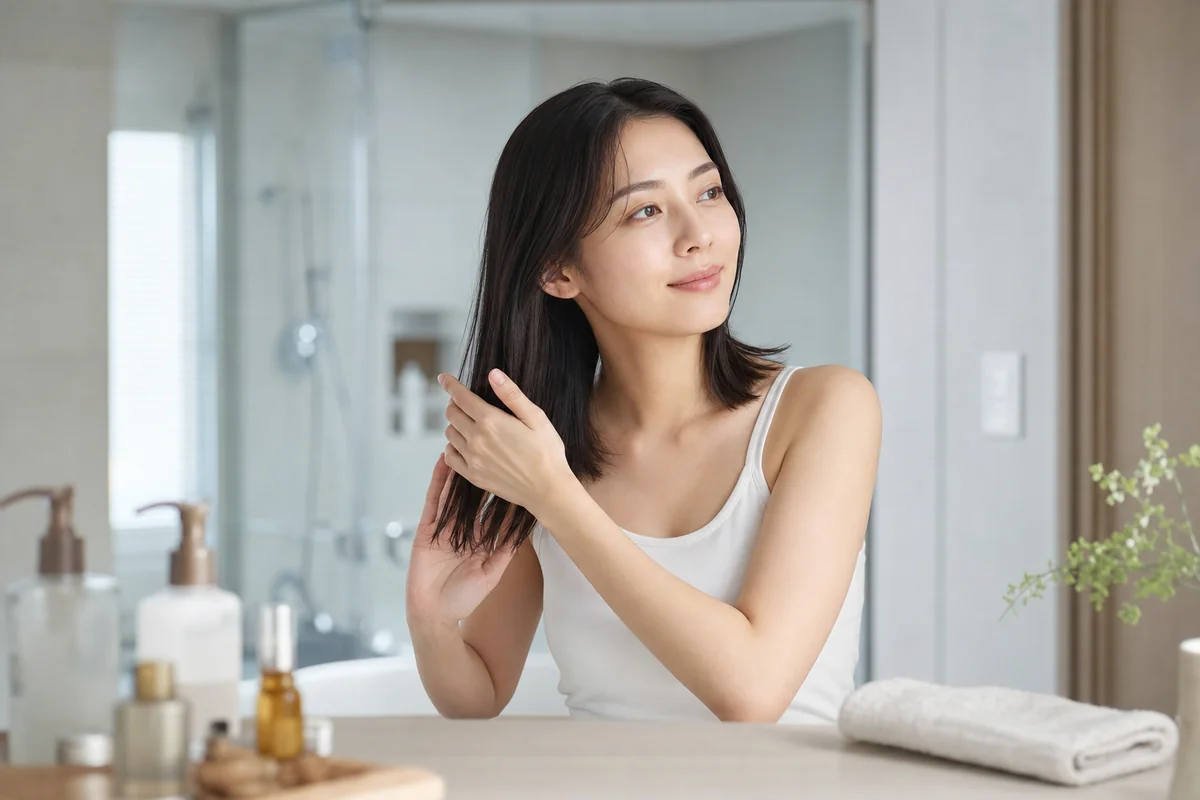 洗面所でヘアオイルを手のひらに広げて髪になじませている女性