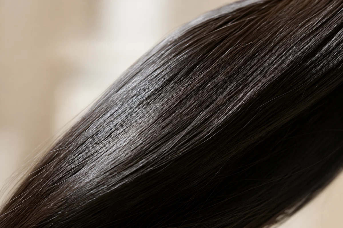 ヘアオイルでツヤが出た健康的な髪の毛束のクローズアップ