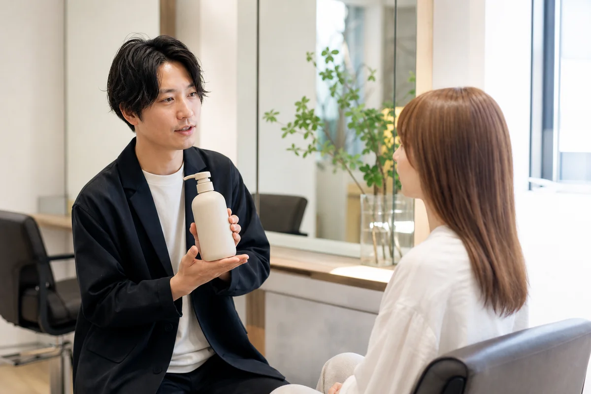 サロンで美容師がお客様にシャンプーの選び方を説明している様子
