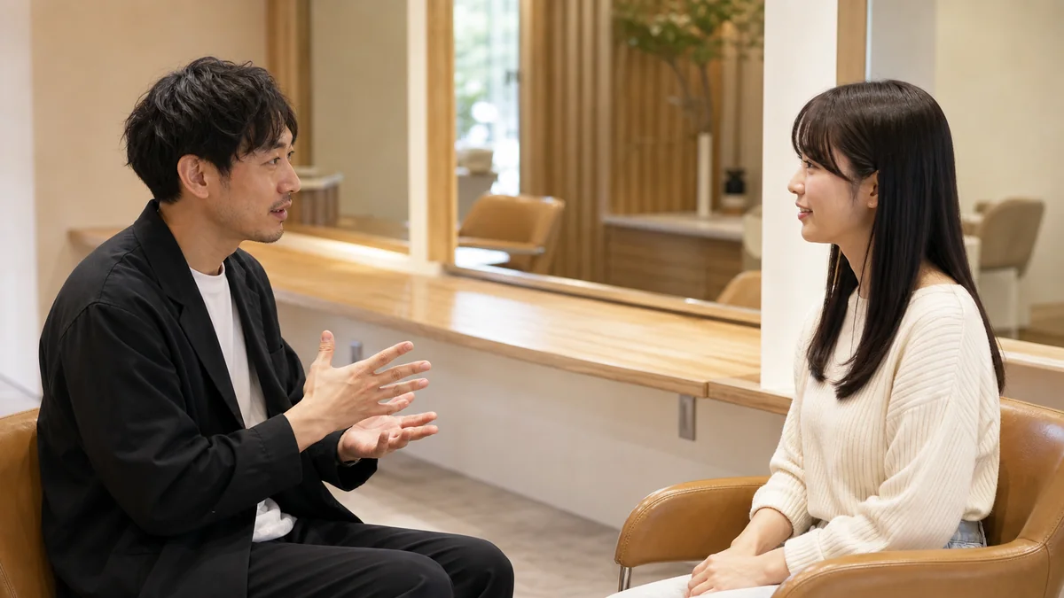 サロンで美容師がお客様に朝のスタイリングについて説明している様子