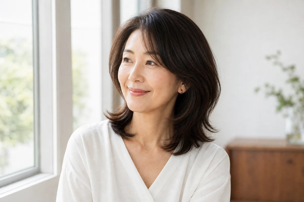 窓辺で微笑む、ツヤのあるミディアムヘアの大人の女性