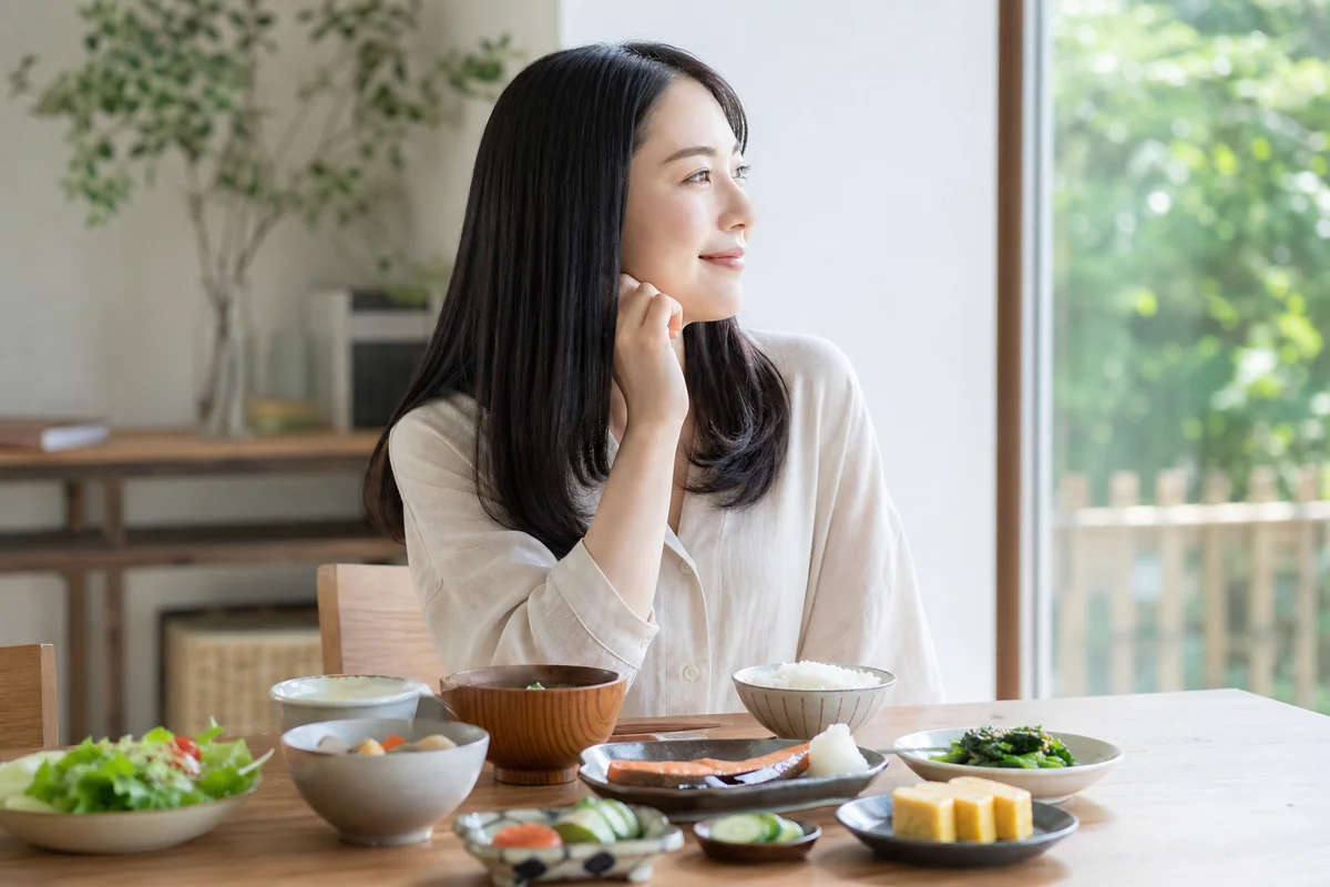 彩りの良い健康的な食卓を前にした、ツヤのある髪の女性