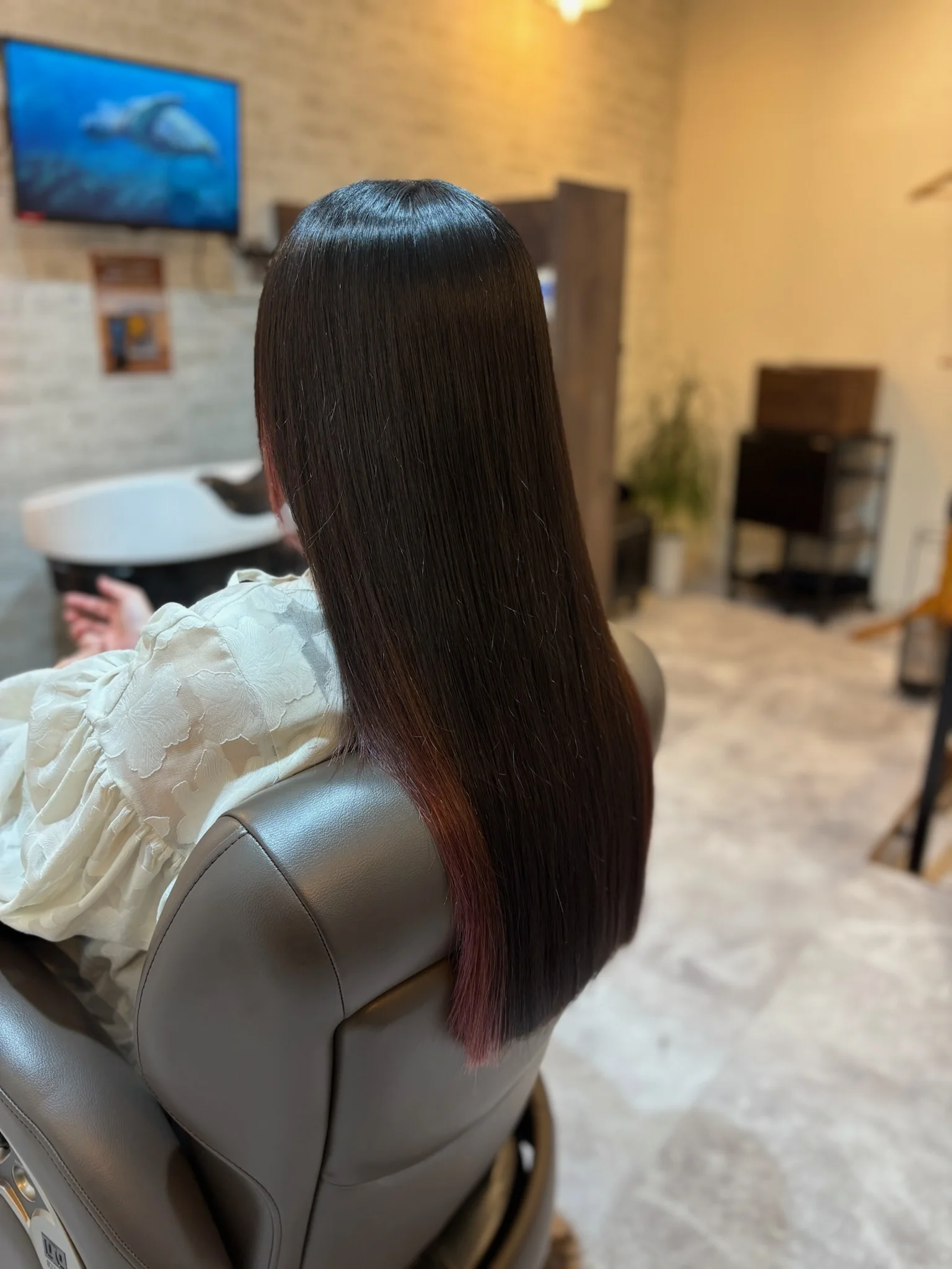 内側に色を入れたストレートヘアの後ろ姿