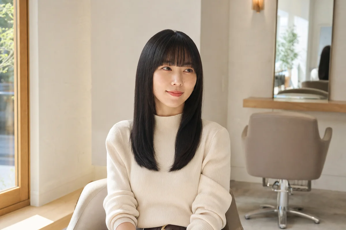 前髪がきれいに整ったナチュラルストレートの女性