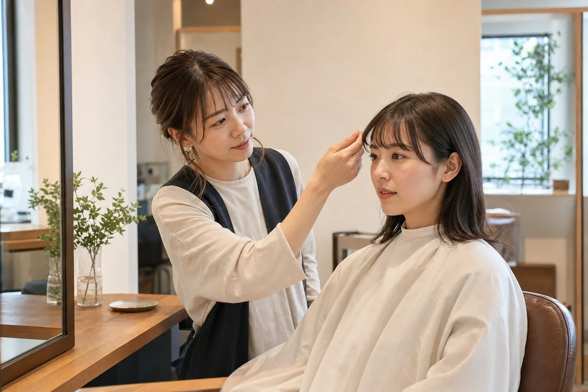 美容師がお客様と前髪のカウンセリングをしている様子