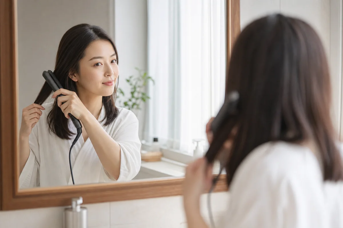 朝、鏡の前でアイロンを使ってスタイリングする女性