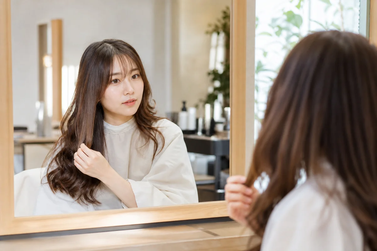 鏡の前で髪のスタイリングを考えている女性