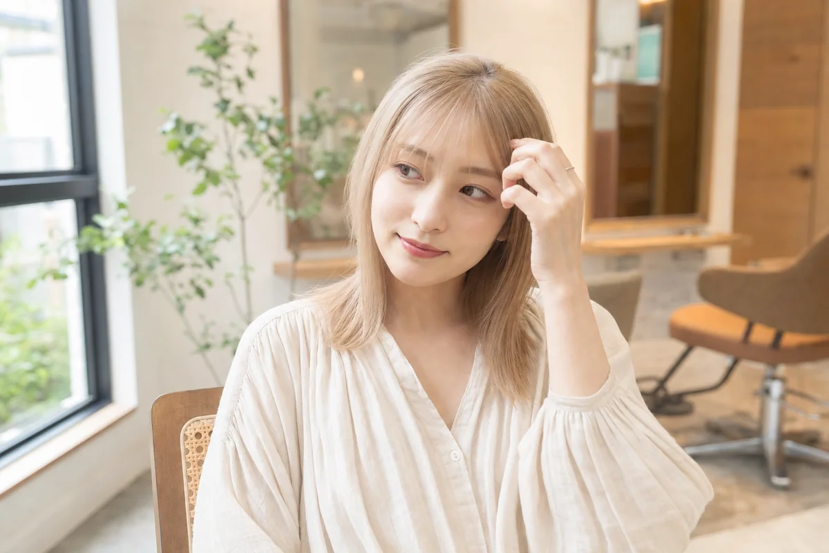 明るい色の髪を持つ女性が自然光の中で過ごしているシーン