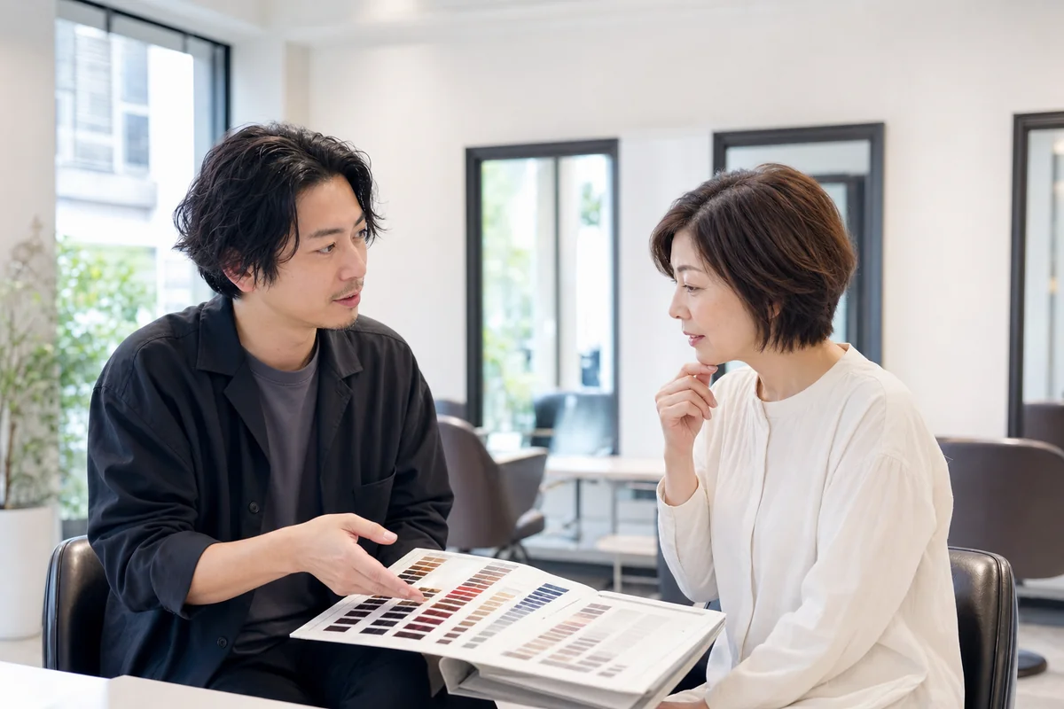 美容師がお客様にカラーチャートを見せながら髪の状態を説明しているカウンセリングの様子