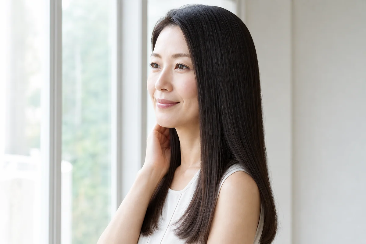 窓辺で自然光を浴びる、まっすぐで艶のある髪の女性