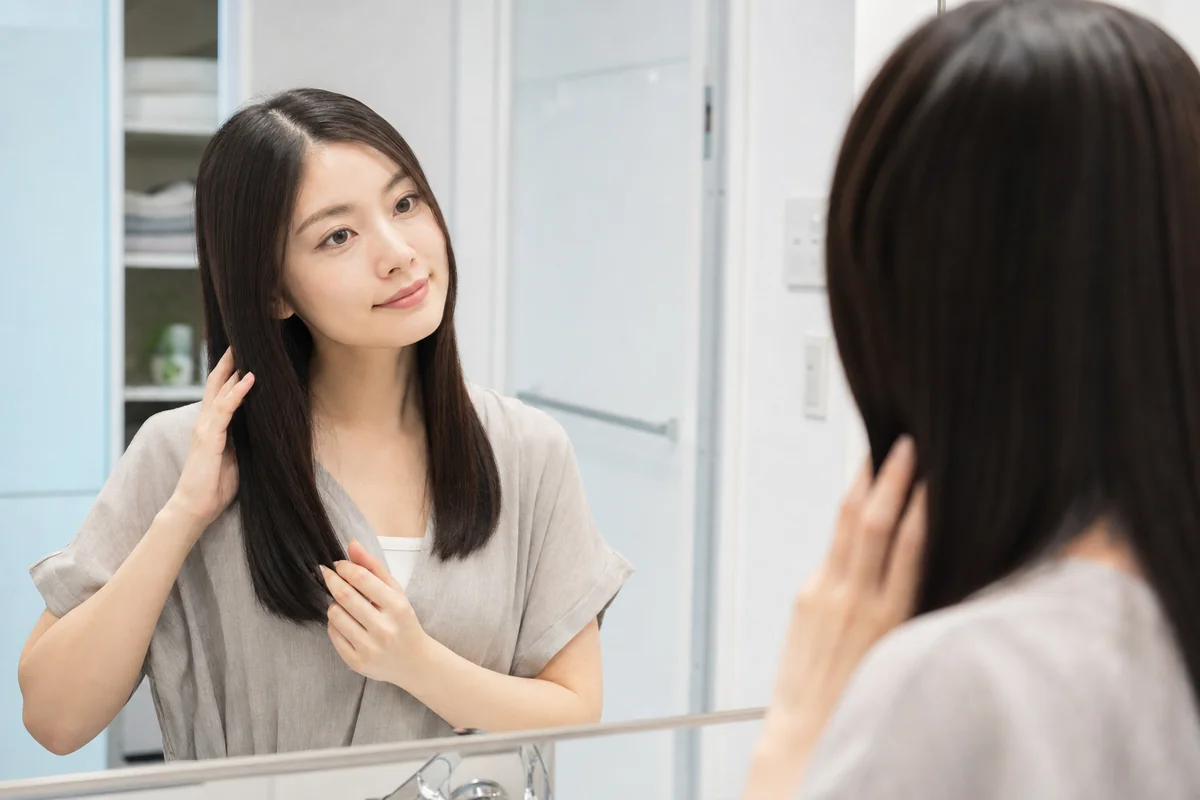 縮毛矯正後のまっすぐな髪を洗面所でやさしく扱う女性