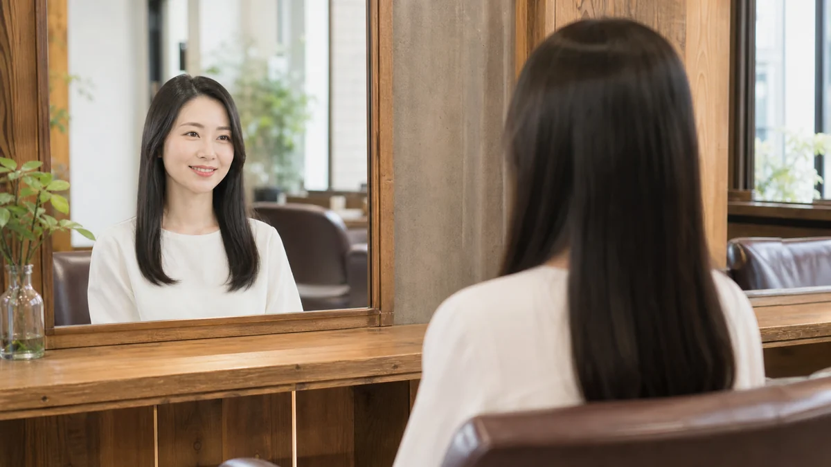 落ち着いた雰囲気のプライベートサロンの店内とストレートヘアの女性