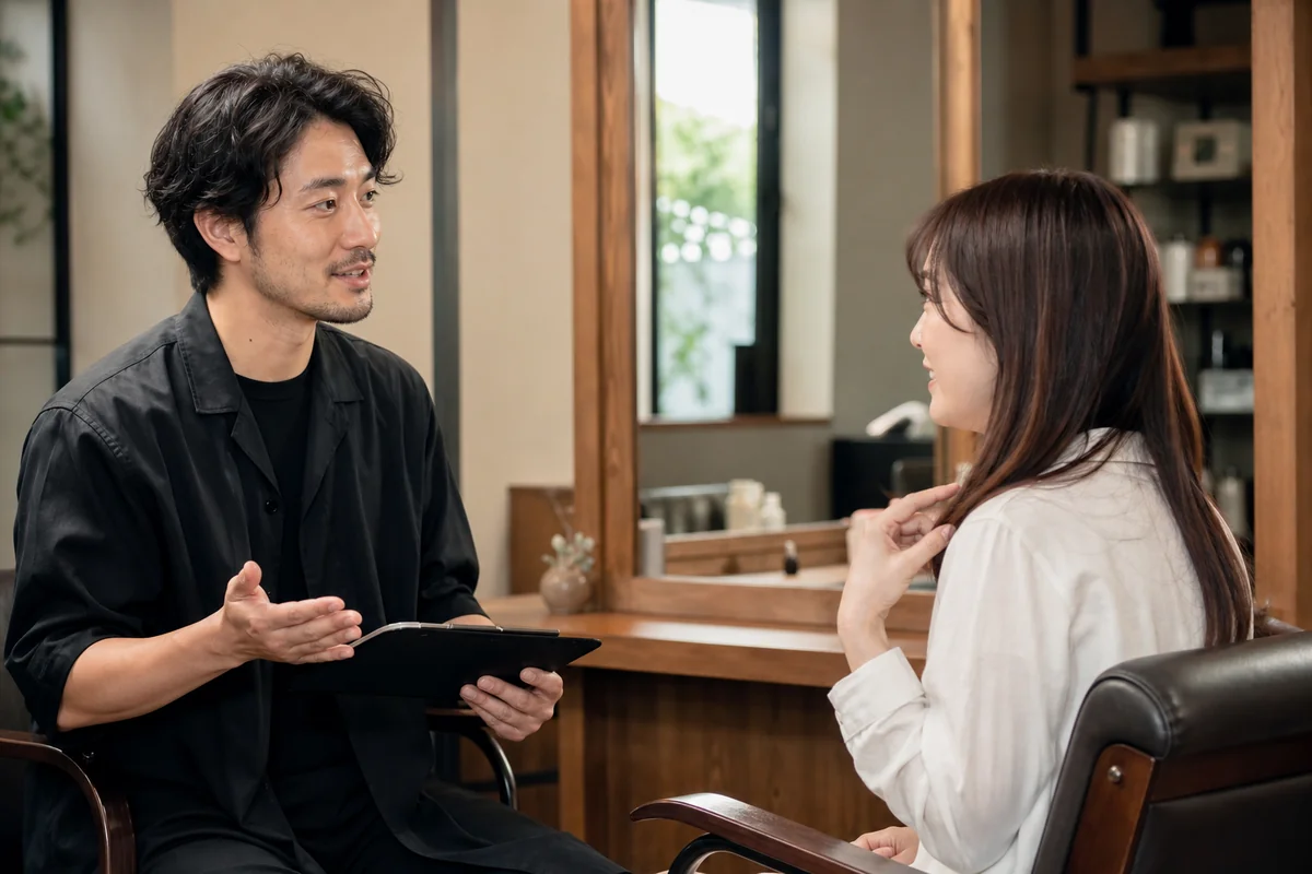 プライベートサロンで髪の相談をしているカウンセリングの様子