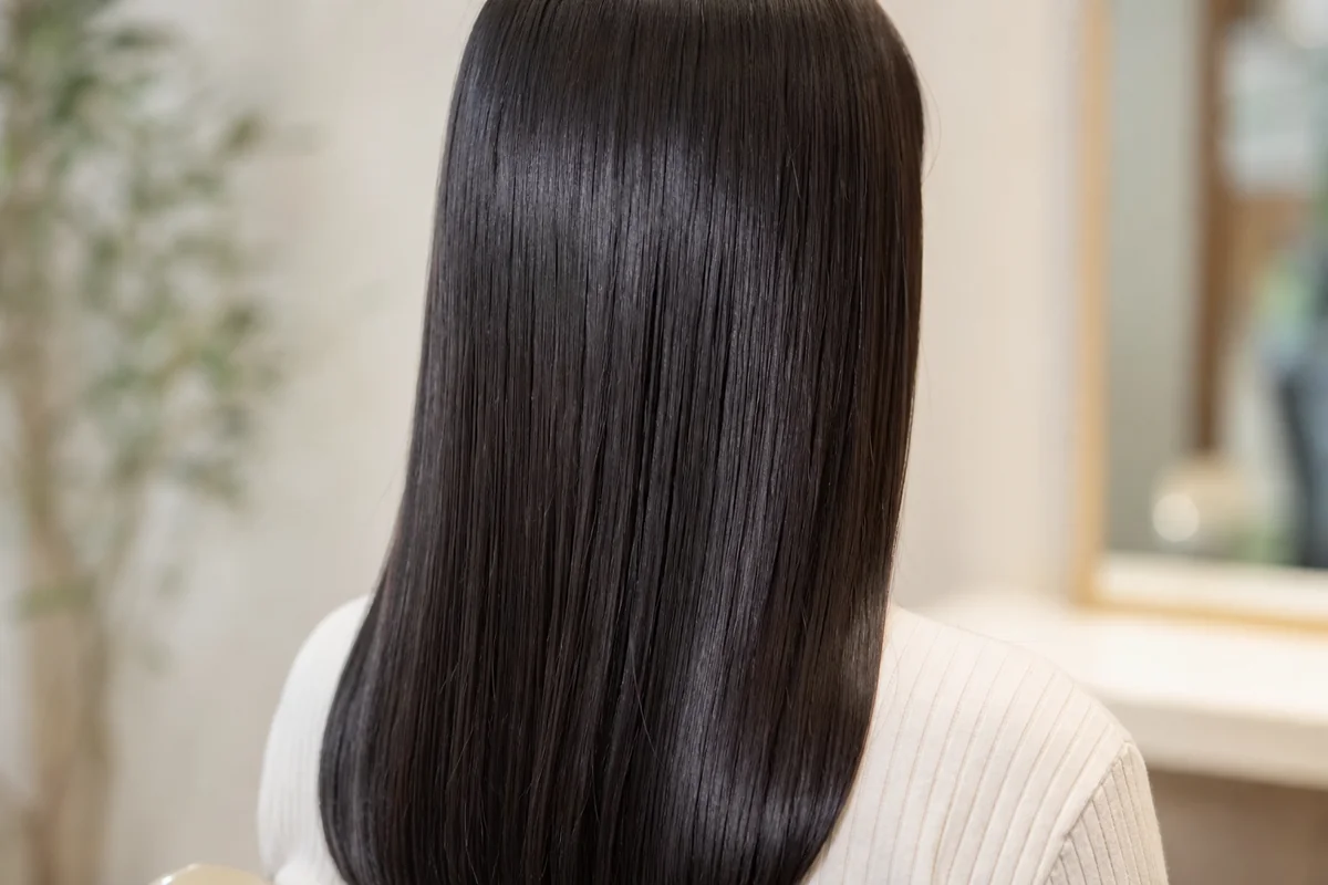 ツヤのあるまっすぐな黒髪ストレートヘアの後ろ姿