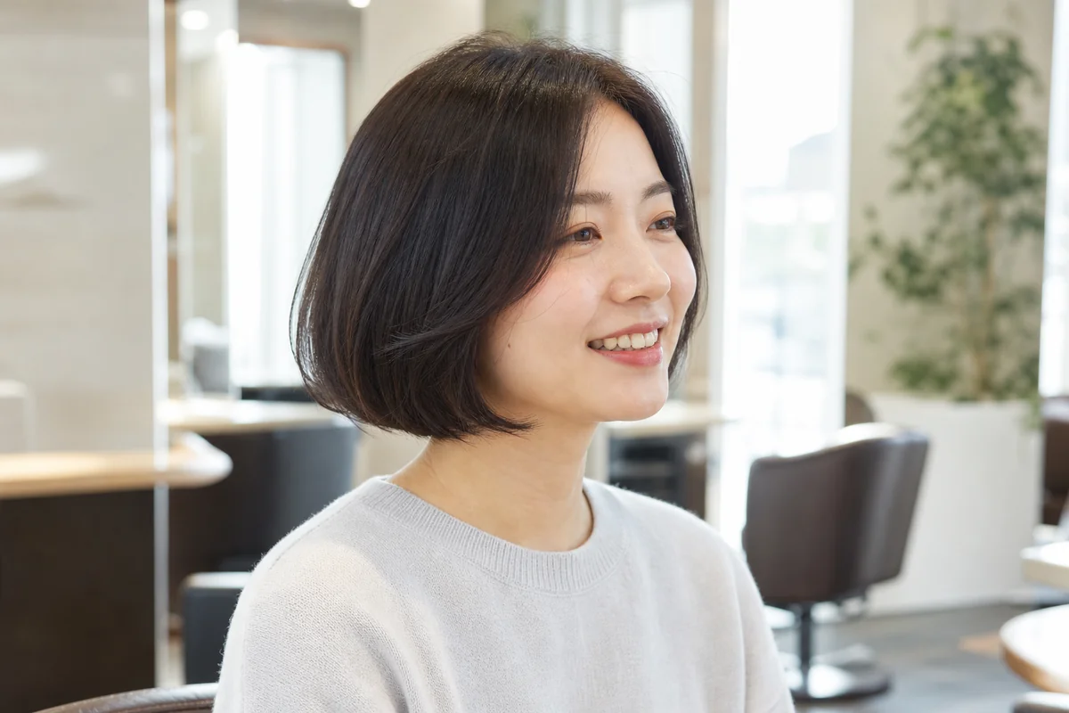 自然な丸みのあるストレートのショートボブの女性