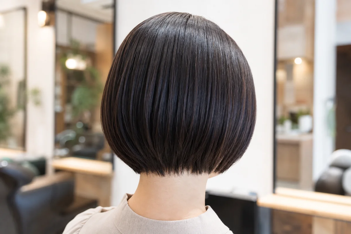 自然な丸みとツヤのあるショートボブの後ろ姿