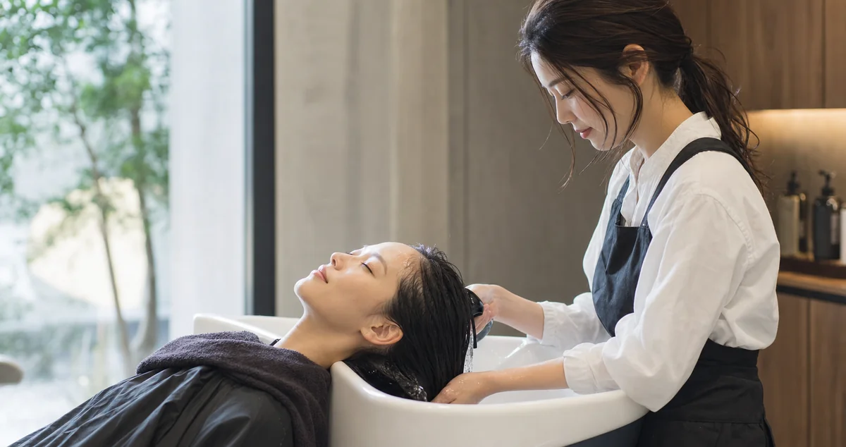シャンプー台で髪を優しく洗い流している様子